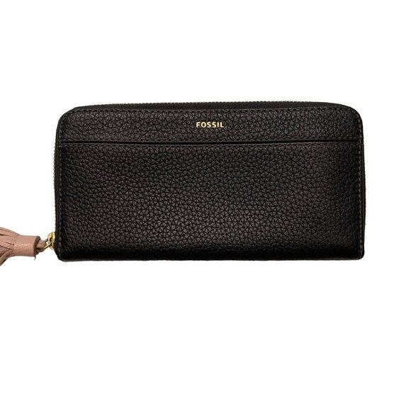Fossil Handbags - Fossil Grained Leather Wallet Black wallet pink tassel 4"x 8"